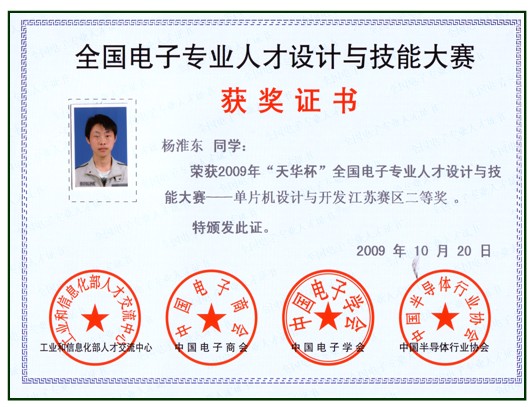 杨淮东同学获奖证书